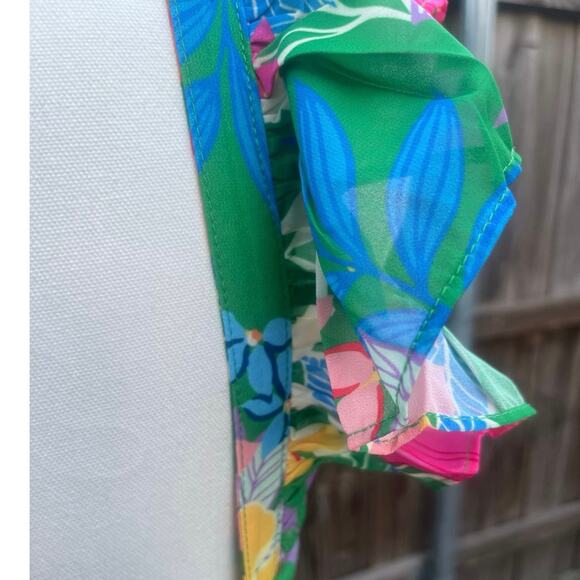 Green Floral Chiffon Sleeveless Ruffle Maxi Dress Feminine cottage core Sz L - Picture 7 of 14